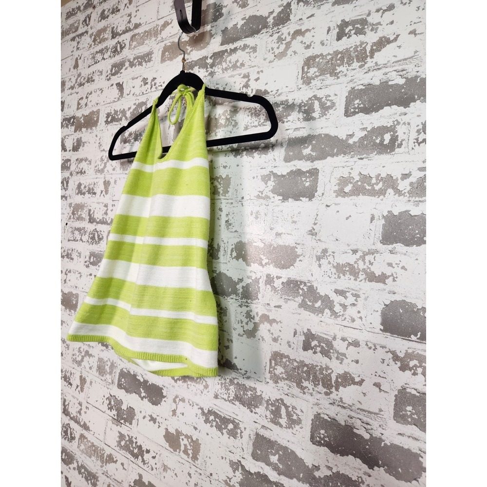 Vintage Y2k Halter Top Medium Green Striped Knit Summer Resortwear Beach Coastal - Picture 3 of 10